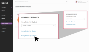 Lesson Progress page open in Xello. Cursor is hovering over Completion by Lesson link